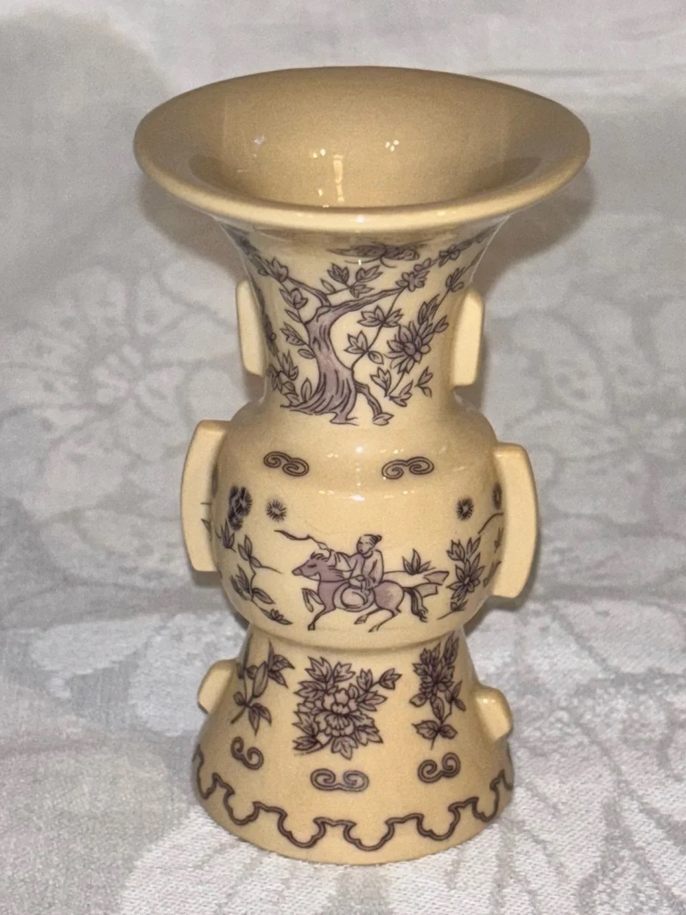 Cream Ceramic Decorative Vase with Purple Floral Motif - Home Accents